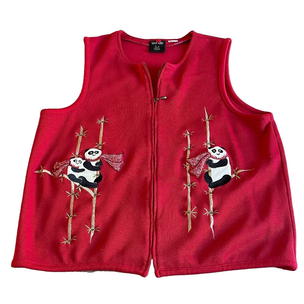 Women's Red Panda Embroidered Zip Front Vest Large Bamboo Asian Whimsical